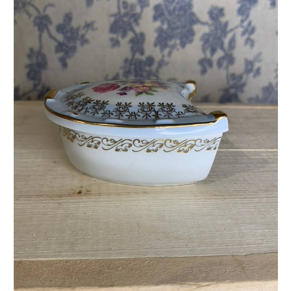 Vintage German Lucky Floral Horseshoe Lidded Trinket Dish Box - Picture 5 of 9